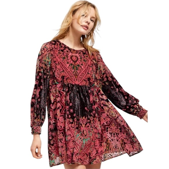 Free People Mirror Mirror Velvet Wine Combo Long Sleeve Mini Dress - Picture 1 of 10